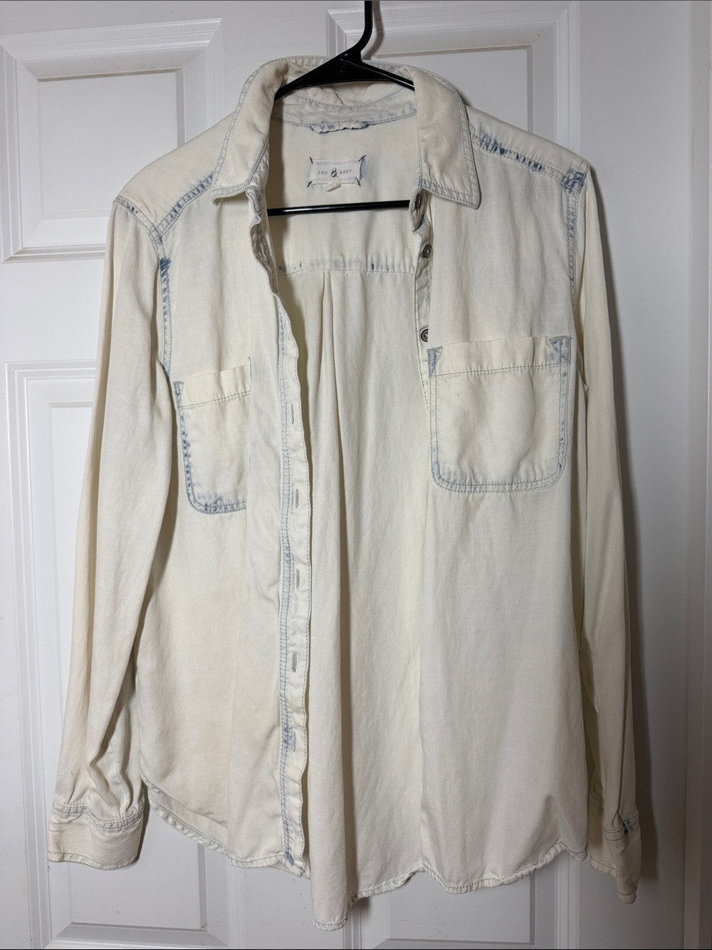 LOFT White Cream Button-Down Shirt with Light Blue Contrast Stitching